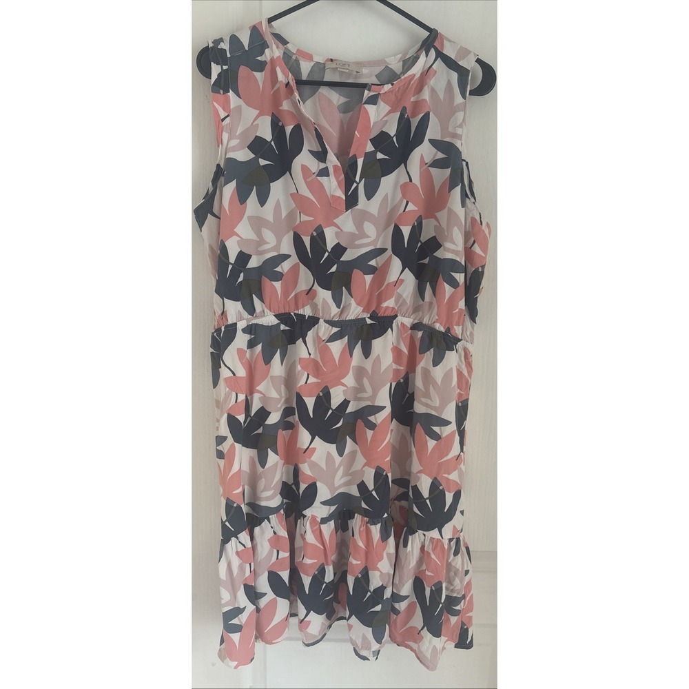 Ann Taylor Loft Flowy Dress Womens Pink Leaf Print Tropical Boho Ruffle  Sz XL